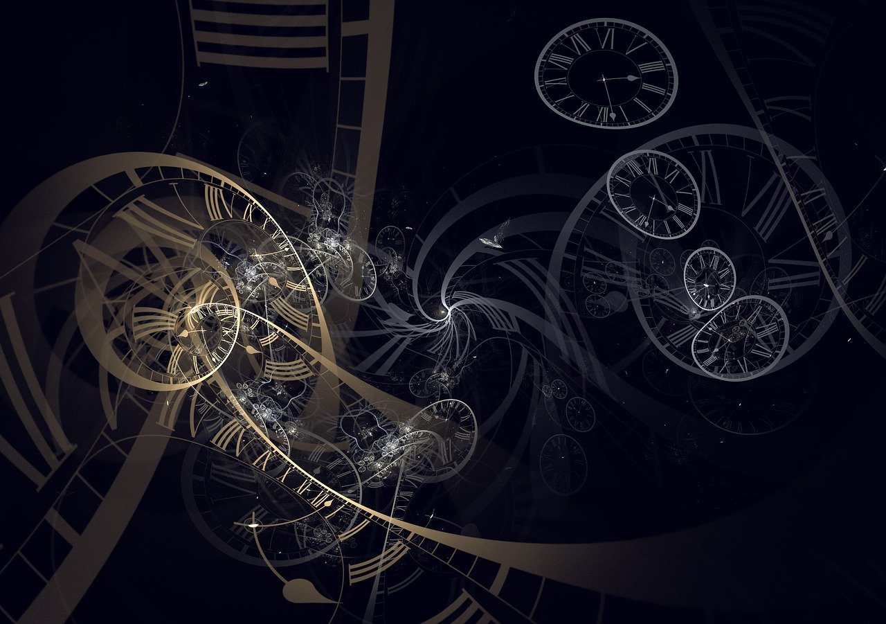 a close up of a clock on a black background, digital art, shards and fractal of infinity, dna, golden spirals, cycles