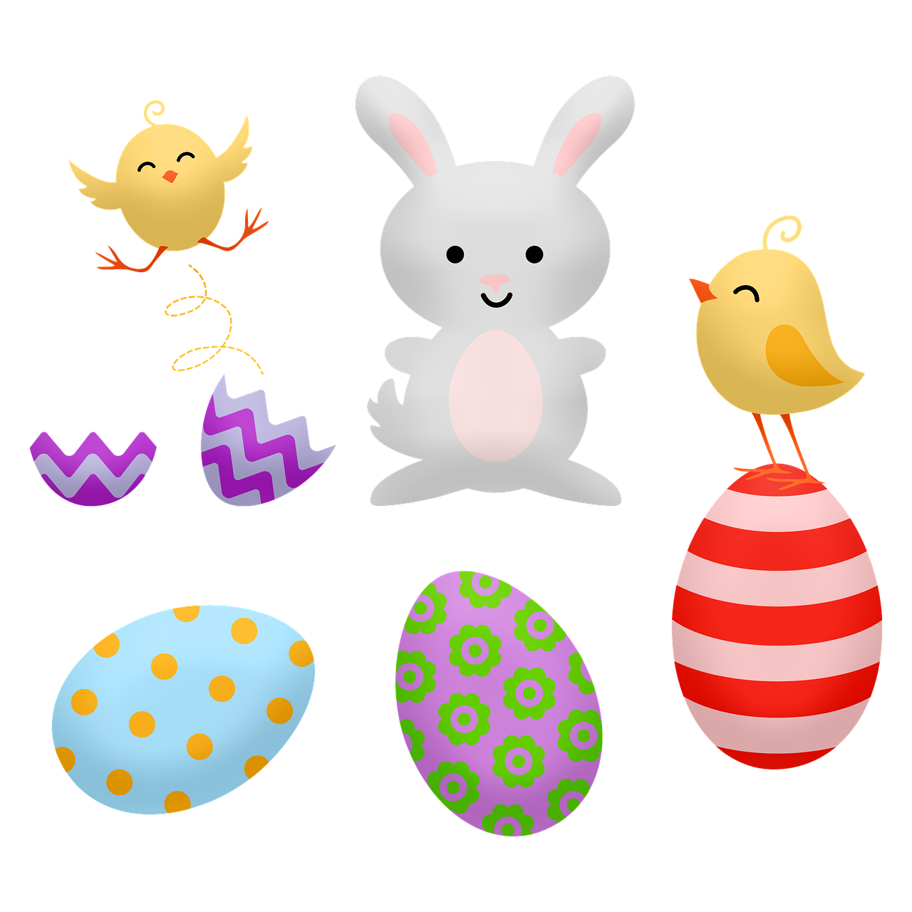 a bunch of different types of easter eggs, an illustration of, sōsaku hanga, on a flat color black background, rabbt_character, cut out collage, high detail illustration