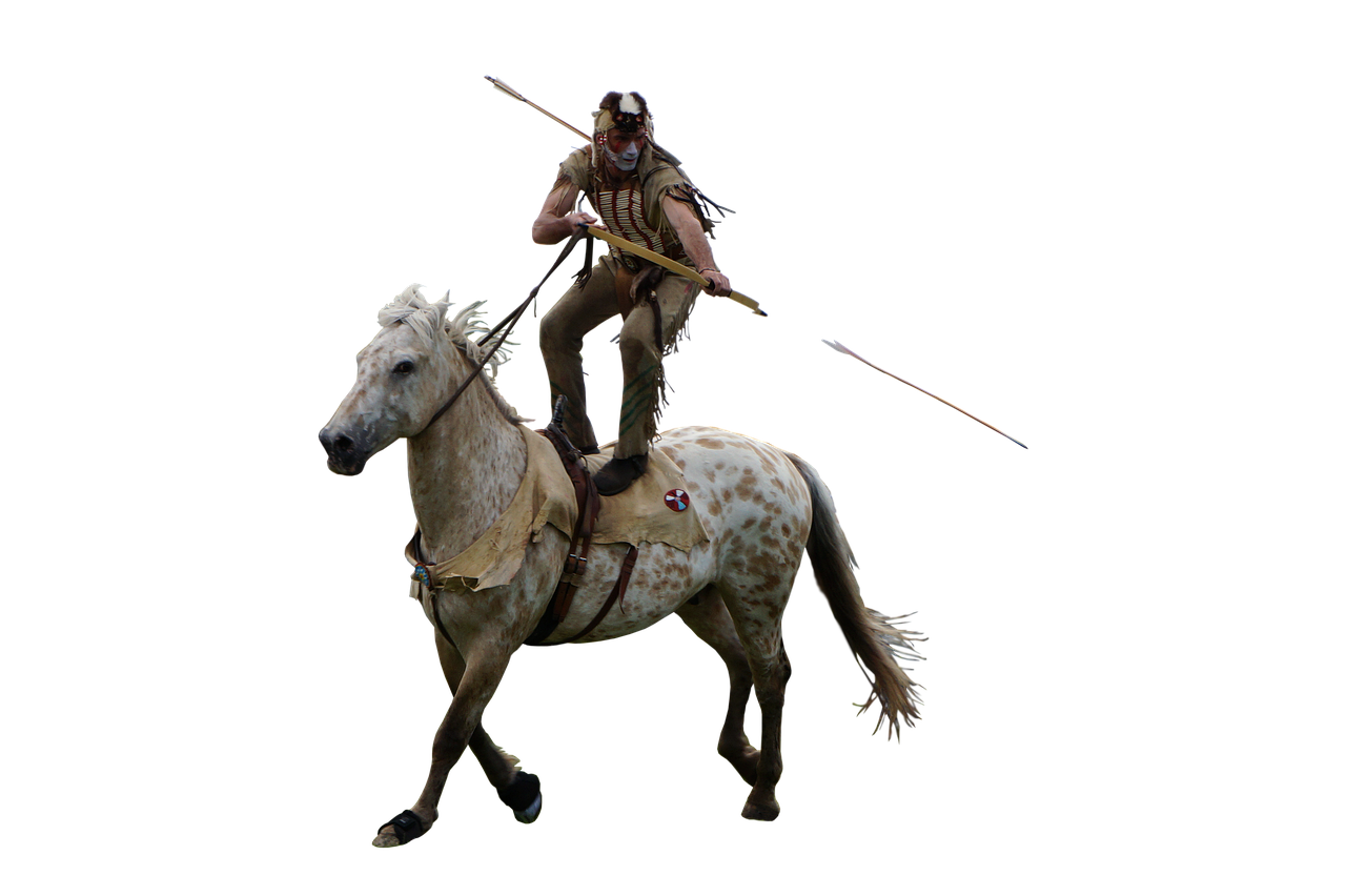 a man riding on the back of a white horse, inspired by Philips Wouwerman, featured on zbrush central, renaissance, native american warrior, on black background, highly detailed vfx portrait of, arrow