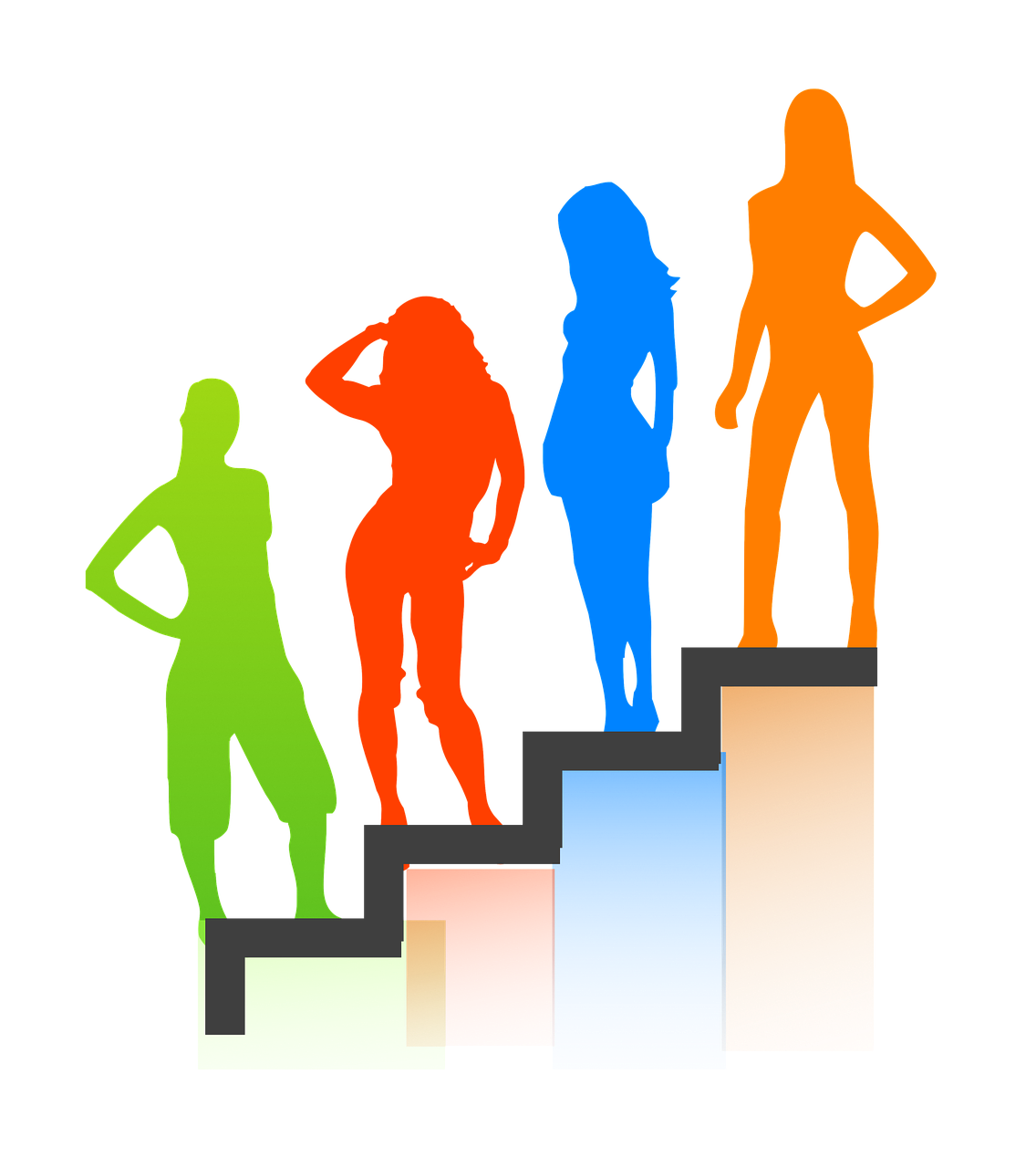 a group of women standing on top of a staircase, an illustration of, trending on pixabay, figuration libre, colored projections, playboy style, 4 colors!!!, 2009)