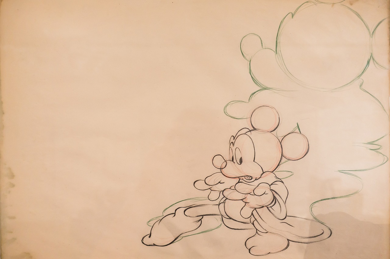 a drawing of a mickey mouse holding a teddy bear, by Walt Disney, visual art, drawn on white parchment paper, backdrop, faded outline, detail shot