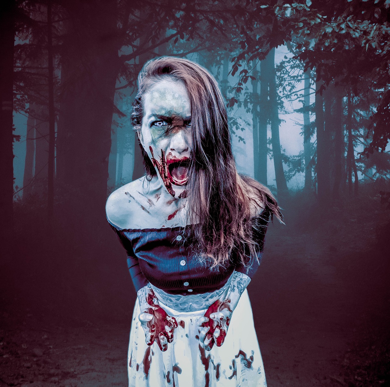 a woman dressed as a zombie in a forest, a portrait, digital art, promotional photography, avatar image, coloured photo, with fangs