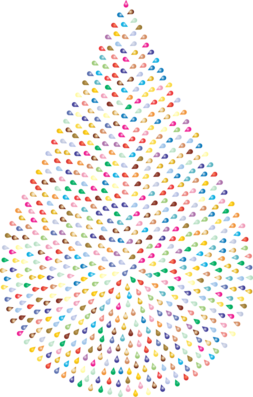 a multicolored christmas tree on a black background, a pointillism painting, generative art, many hearts, vertical orientation, cone shaped, overhead view
