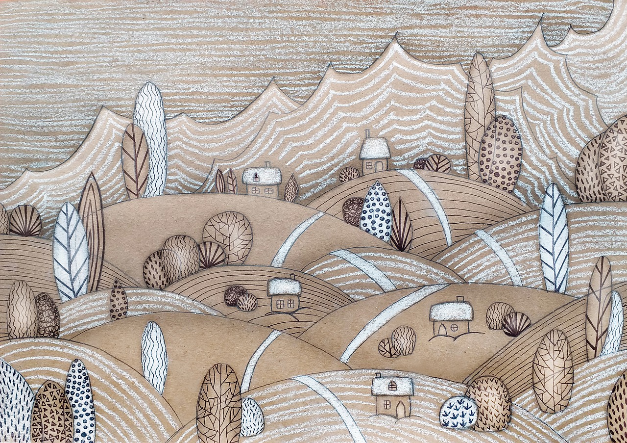 a drawing of a landscape with hills and trees, an ultrafine detailed painting, inspired by Grant Wood, folk art, caravan, abstract claymation, wooden banks, clear detailed view