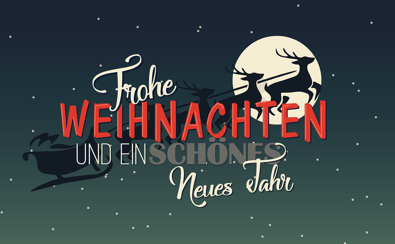 a christmas card with a reindeer on a sleigh in front of a full moon, a poster, by Kristian Zahrtmann, trending on pixabay, ( ( bauhaus ) ), news report, in white lettering, spiel des jahres