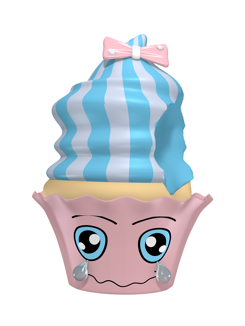 a pink and blue cupcake with a bow on top, concept art, inspired by Doug Ohlson, conceptual art, 3d model rigged, blue waffle cone, face cluse - up, bw 3 d render