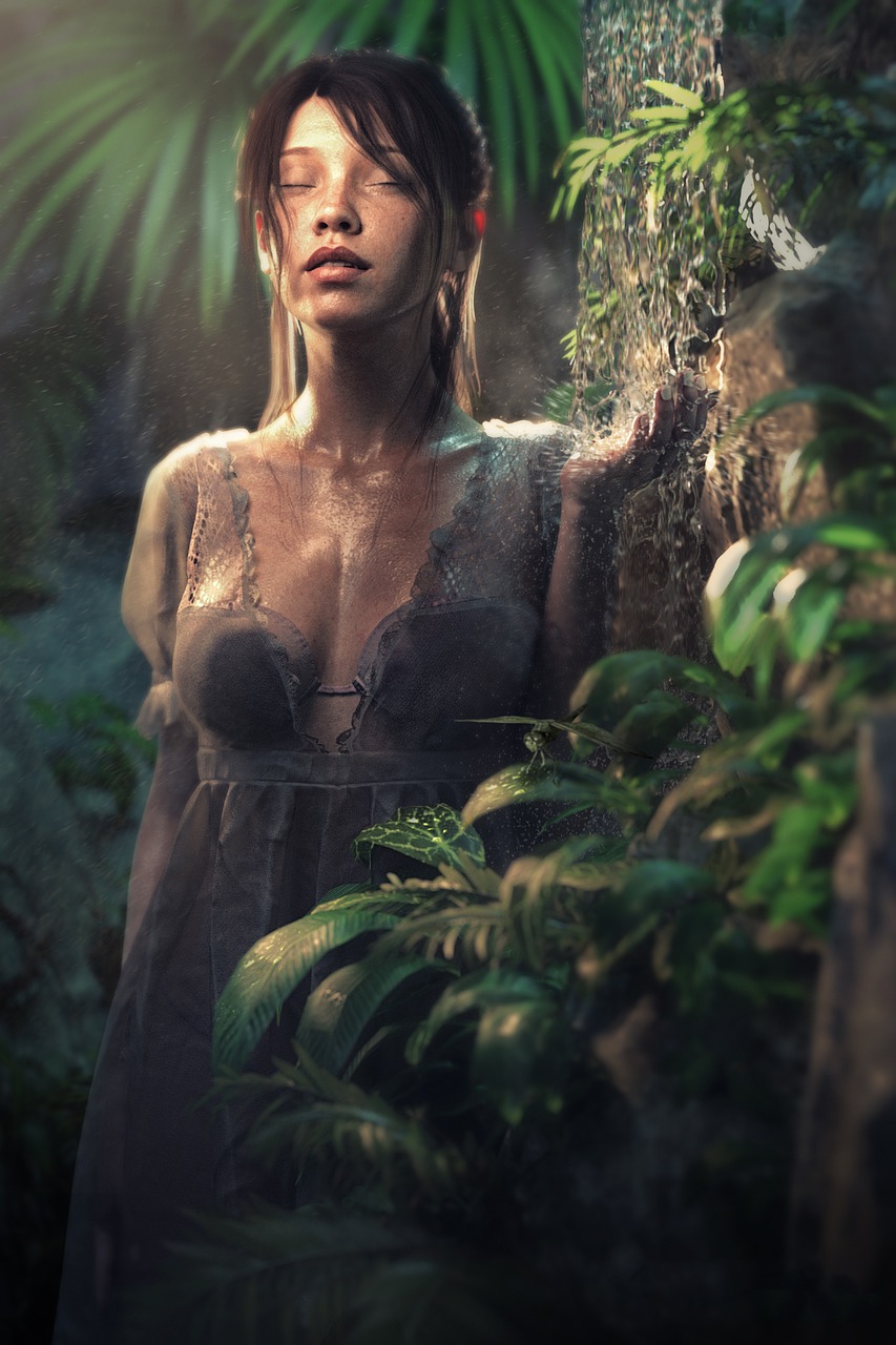 a woman standing in the middle of a jungle, inspired by Fabien Charuau, fantasy art, 8 k sensual lighting, 8k portrait render, lush oasis, 4 k detail fantasy