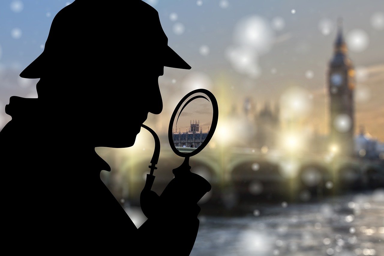 a silhouette of a man looking through a magnifying glass, a picture, inspired by John Watson Gordon, digital art, bokeh paris in background, watch photo, crime scene photo, underwater westminster