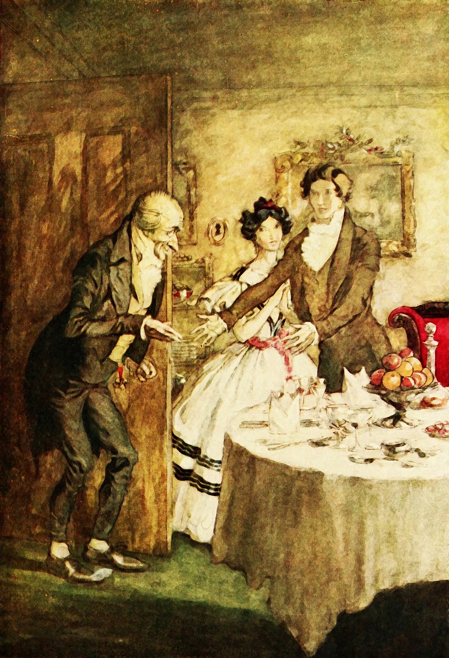 a painting of a man handing food to a woman, an illustration of, by Randolph Caldecott, tumblr, romanticism, nosferatu, gentlemens dinner, dean cornwell style, wearing fancy clothes