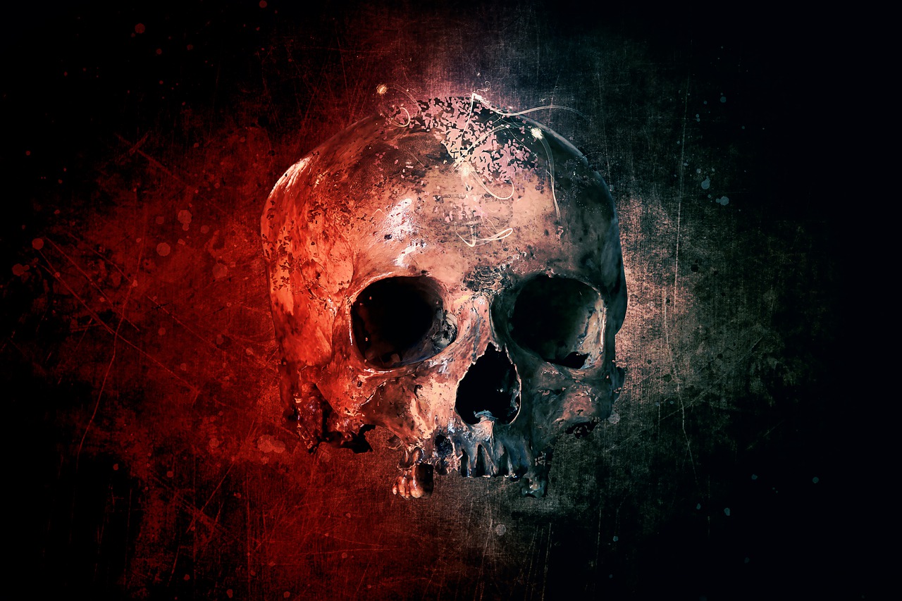 a close up of a skull on a dark background, digital art, shutterstock, digital art, thick dust and red tones, dark and grungy, added detail, hell background