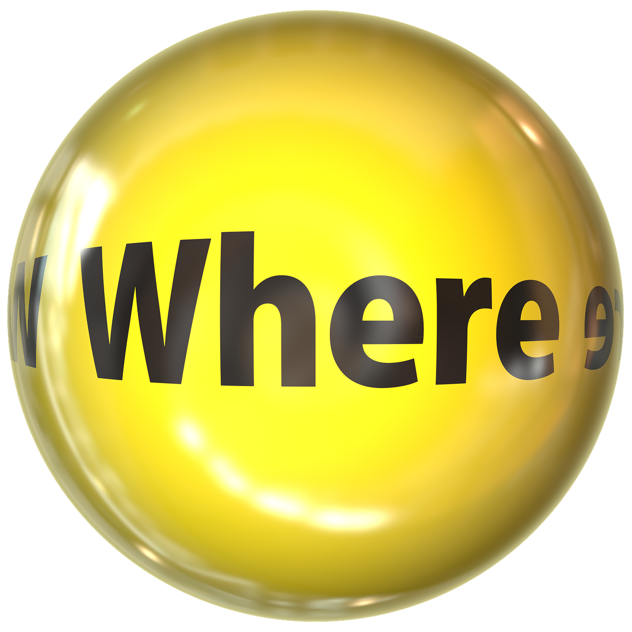 a yellow ball with the word where on it, a picture, happening, graphics $ 9 9 call now, worlds within worlds, gold, directions