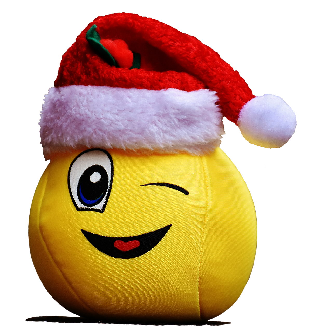 a smiley face ball wearing a santa hat, a photo, by Toyen, pixabay, plushie photography, avatar image, image