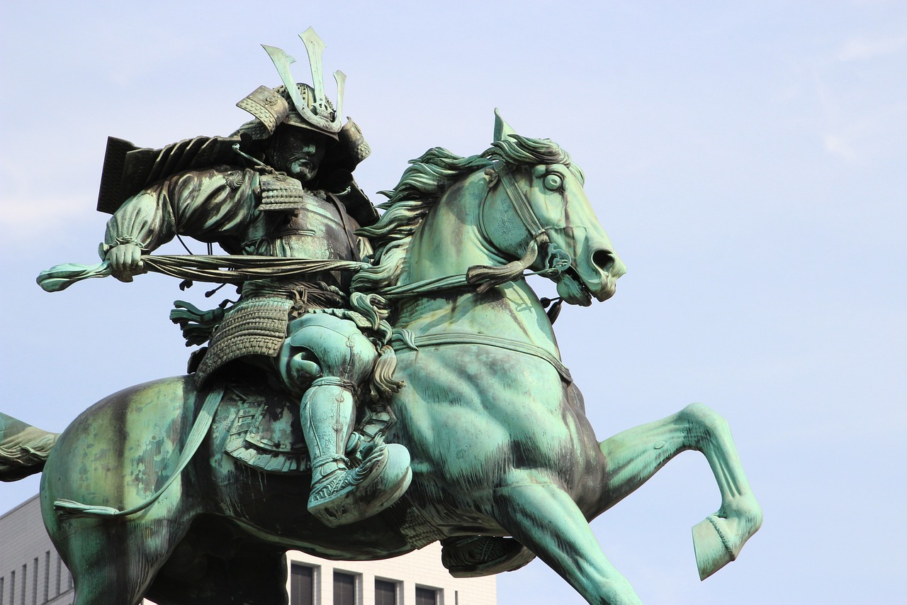 a statue of a man riding on the back of a horse, inspired by Kanō Sanraku, shutterstock, impeccable military composure, on a gundam, 6 4 0, clean image