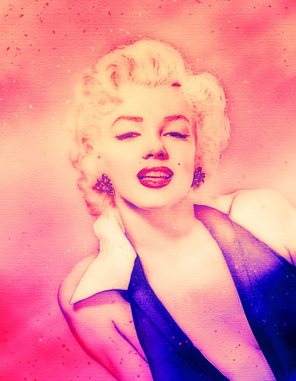 a painting of a woman with her eyes closed, a colorized photo, inspired by Marilyn Bendell, tumblr, duotone!, retro effect, magenta, very famous photo