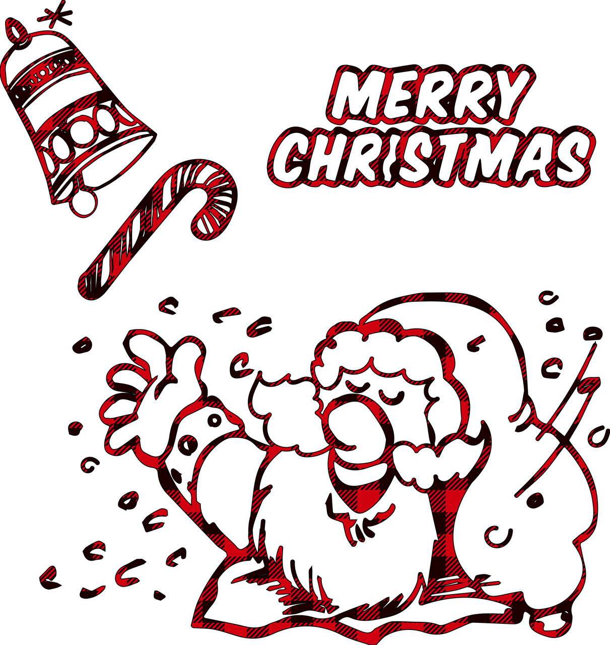 a black and red drawing of a person wearing a hat, concept art, graffiti, christmas night, ( ( dithered ) ), high res photo, with 3d render