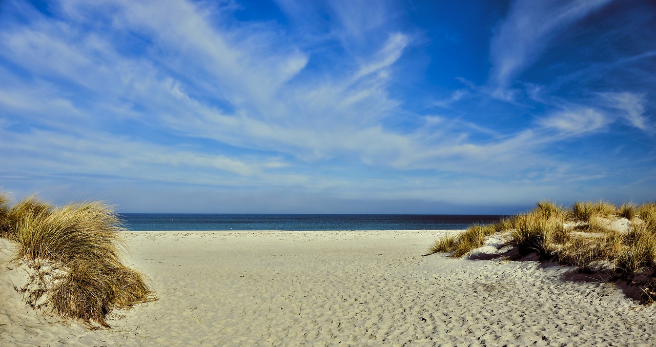 a sandy beach next to the ocean under a blue sky, a photo, inspired by Georg Friedrich Schmidt, postprocessed)