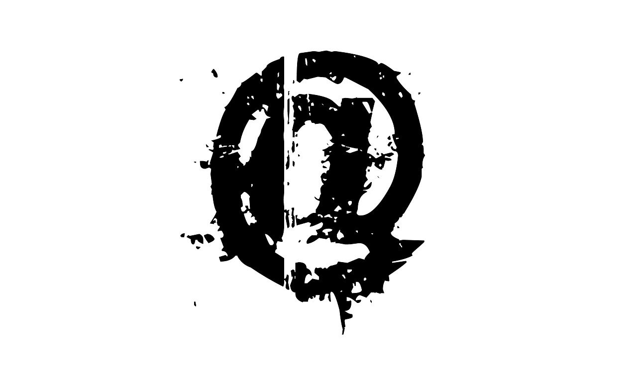 a black and white image of the letter q, letterism, russ mills, sticker of a rock band, menacing. unreal 5, enso