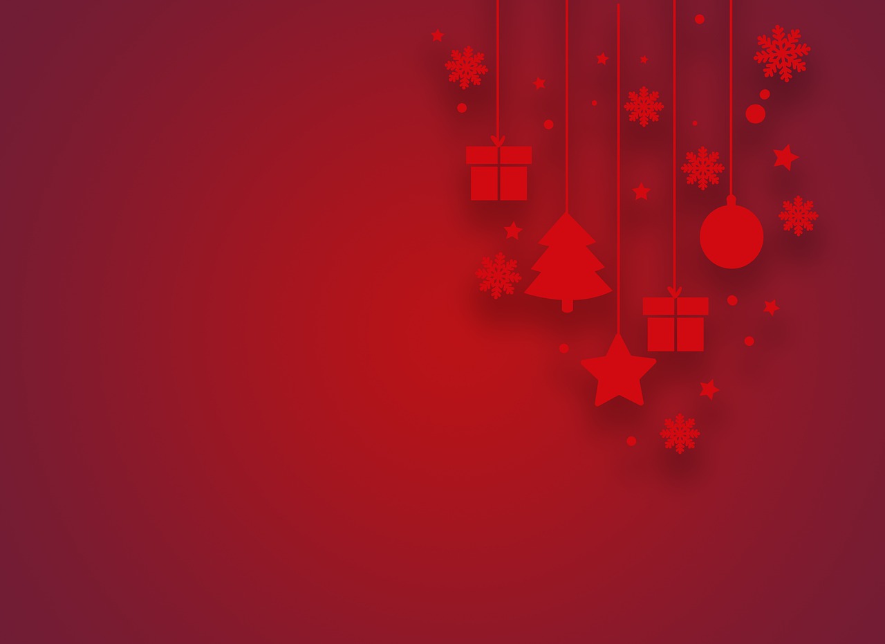 a red background with christmas decorations and snowflakes, by Zofia Stryjenska, trending on shutterstock, things hanging from ceiling, paper cut out, on simple background, high res photo