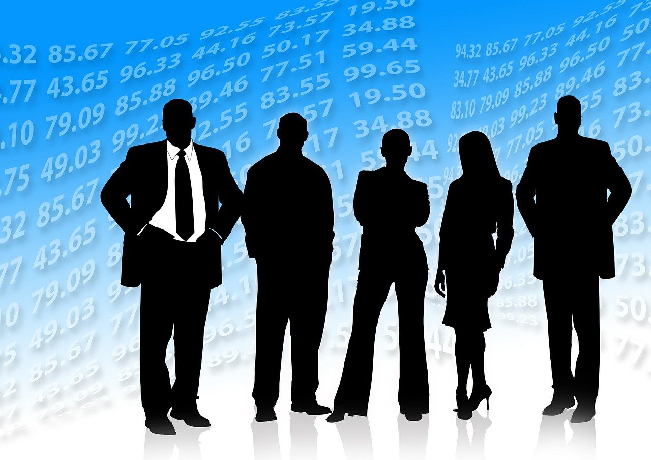 a group of business people standing next to each other, by David Burton-Richardson, trending on pixabay, figuration libre, displaying stock charts, with a blue background, siluette, wearing causal black suits