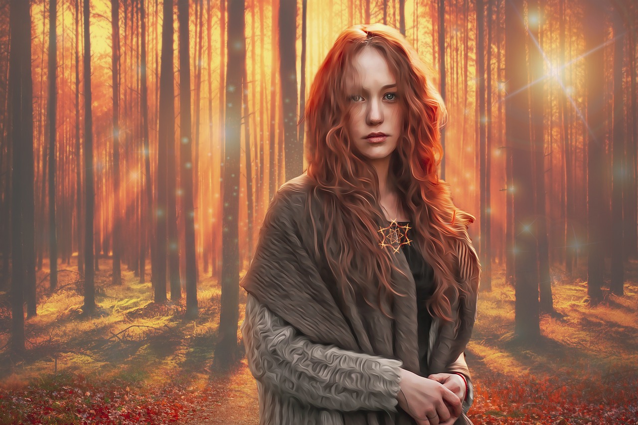 a woman with long red hair standing in a forest, digital art, fantasy art, soft autumn sunlight, celtic norse frankish, photorealistic artstyle, high quality fantasy stock photo