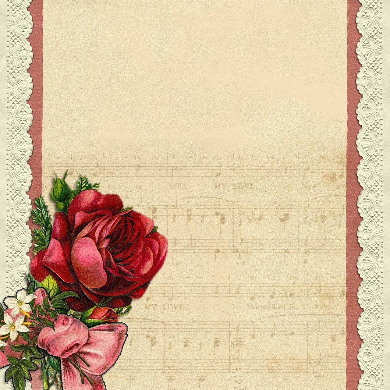 a red rose sitting on top of a sheet of music, by Cindy Wright, romanticism, ornate border frame, laces and ribbons, phone wallpaper, cream paper