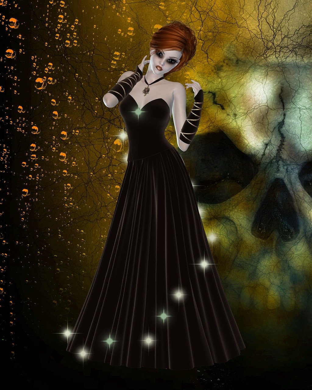 a digital painting of a woman in a black dress, inspired by Aramenta Dianthe Vail, cg society contest winner, gothic art, in a halloween style, (((mist))), wearing an evening gown, glamor pose