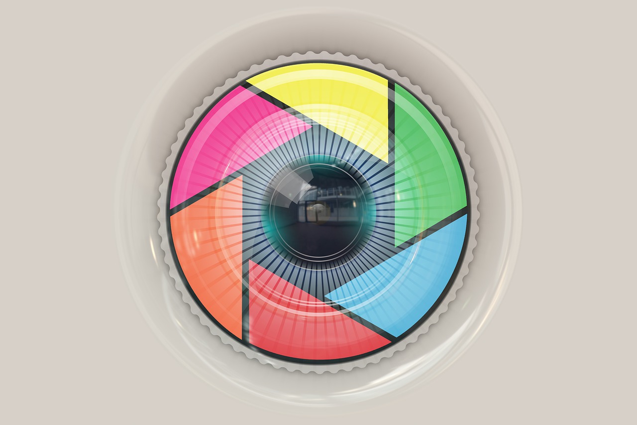 a close up of a camera lens on a white surface, a digital rendering, inspired by Herbert Bayer, bauhaus, eyes are multicolored led screen, high angle security camera feed, on a pale background, security camera photo