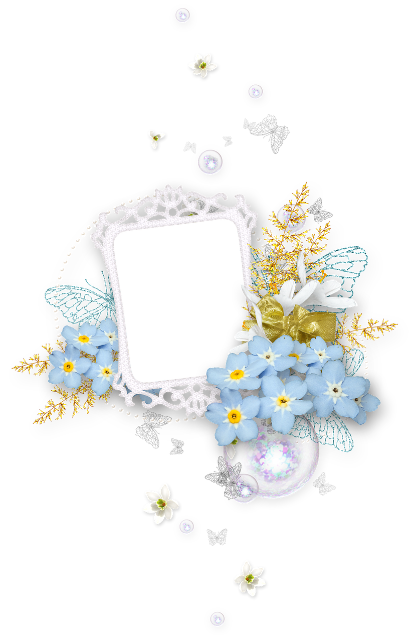 a picture frame with flowers and bubbles on a black background, vanitas, blue flowers accents, fantasy sticker illustration, golden orbs and fireflies, full photo