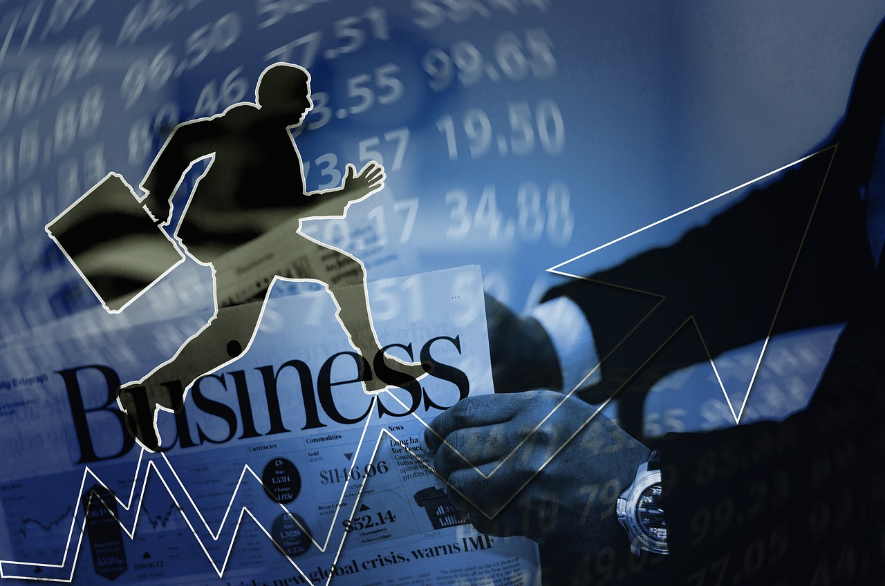 a man that is standing in front of a business sign, a picture, by Allen Jones, pixabay, trading stocks, montage, kicking, with a business suit on