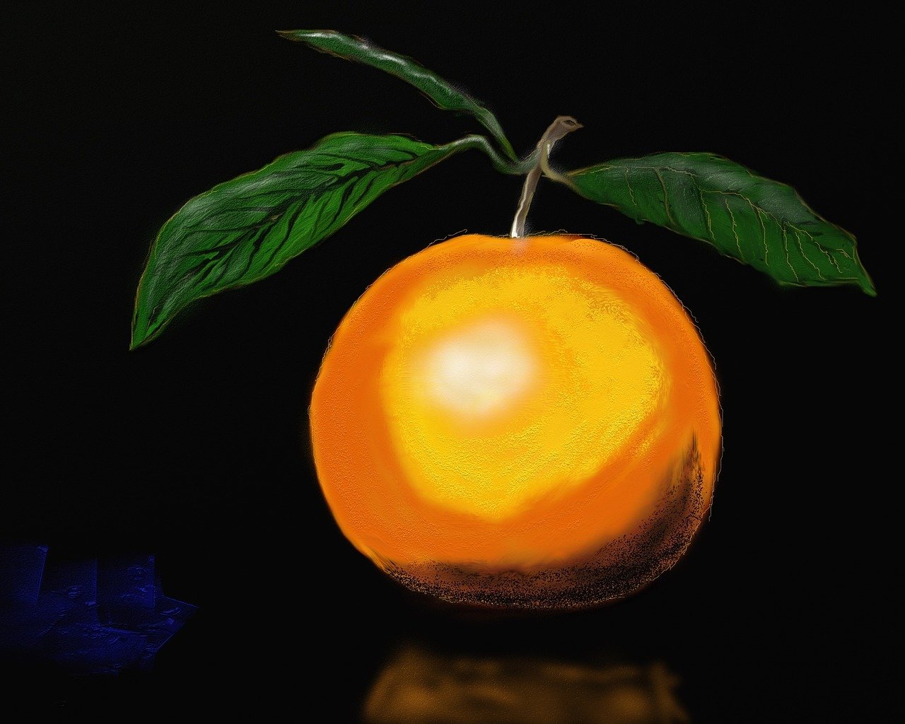 a painting of an orange with a leaf on it, a digital painting, inspired by Titian Peale, deviantart contest winner, digital art, took on ipad, illuminated, painttool sai, unedited