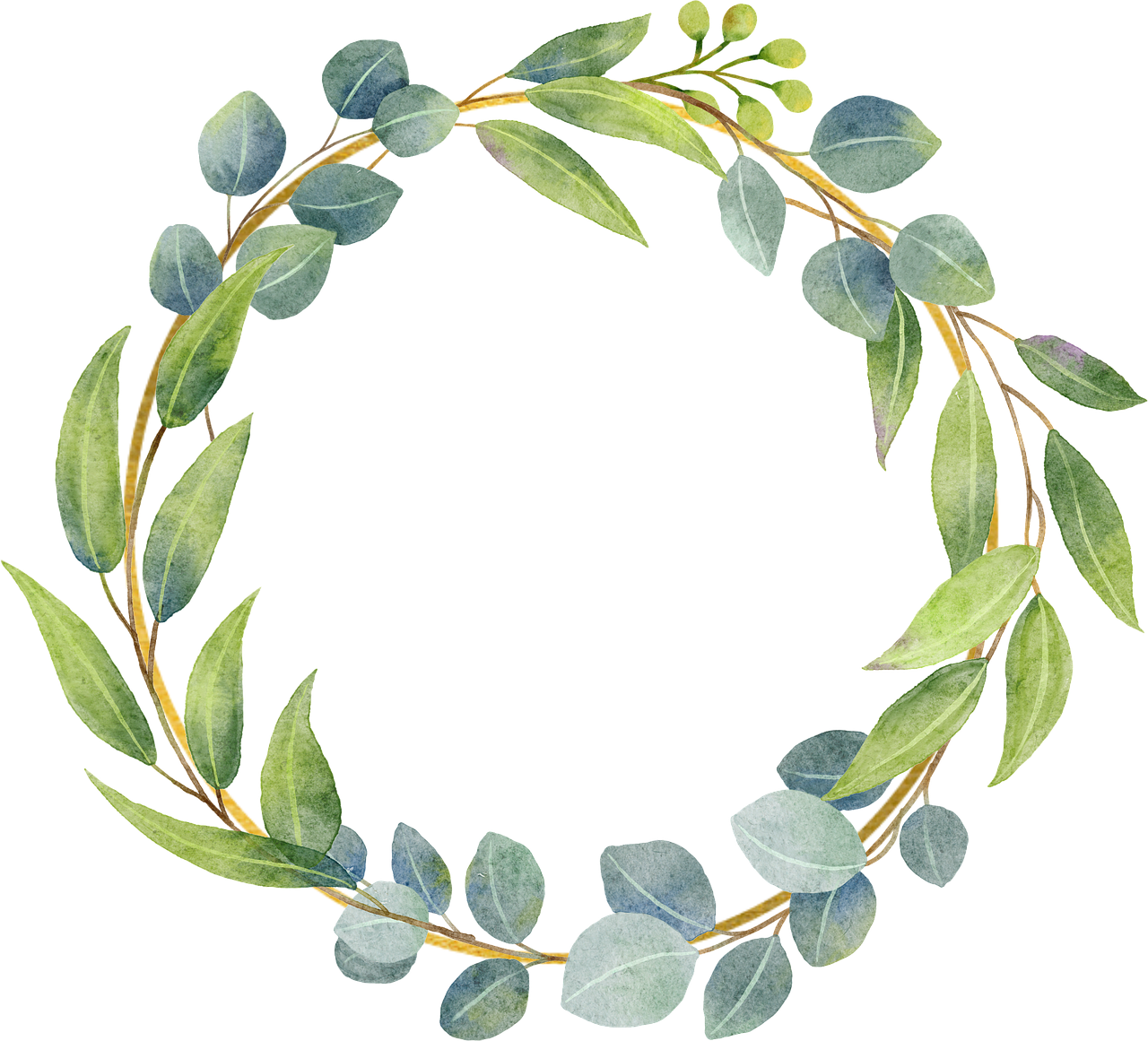 a wreath of green leaves and berries on a black background, pixabay, art deco, eucalyptus, highly detailed water colour 8k, circle, orthodox