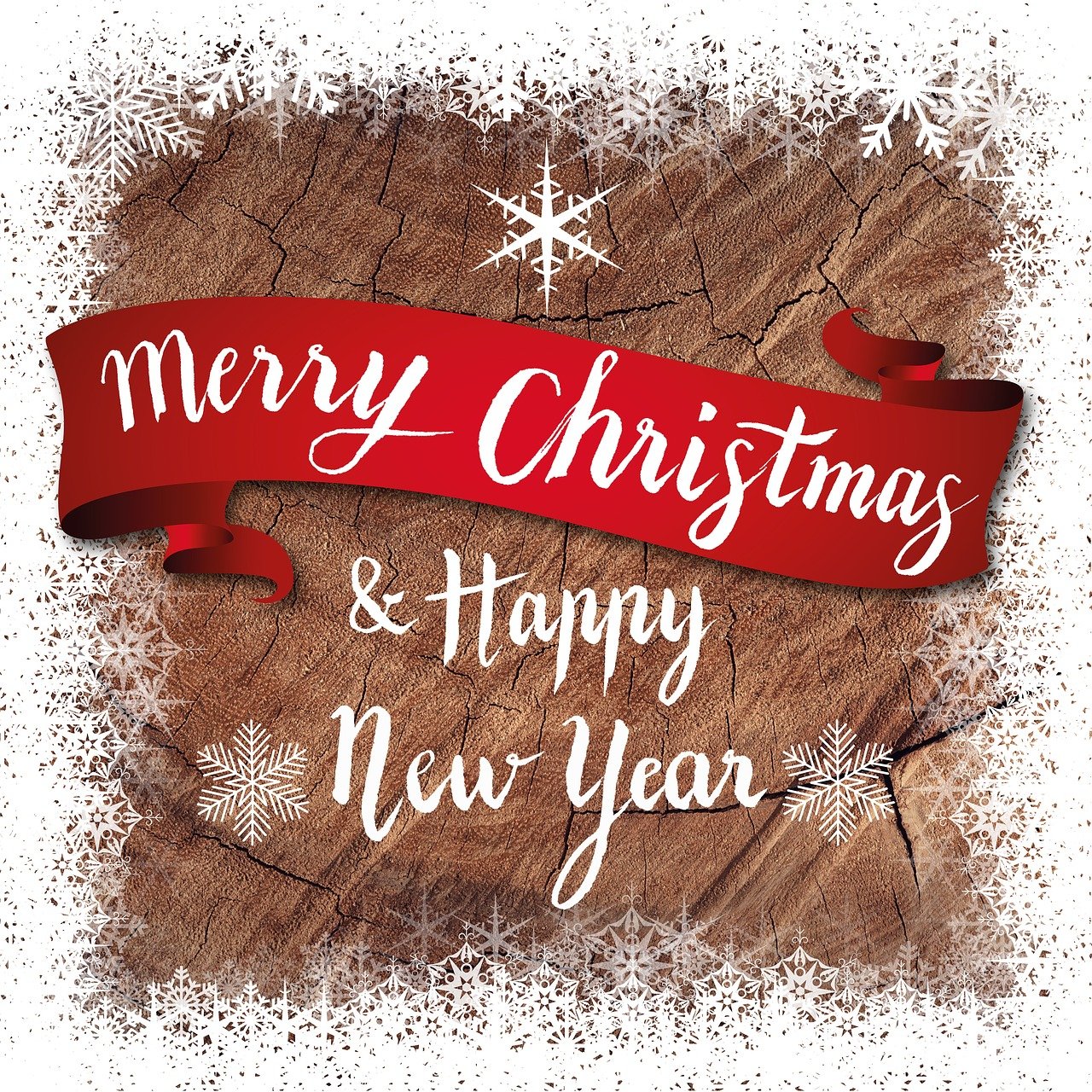 a red ribbon that says merry christmas and happy new year, a picture, by Georgina Hunt, shutterstock, wood texture overlays, graphic illustration, snow, background image