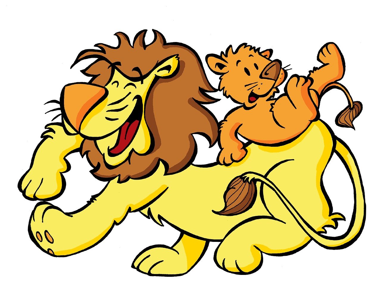 a cartoon picture of a lion and a cat, a cartoon, shutterstock, filmation, daddy, cel shaded, having fun