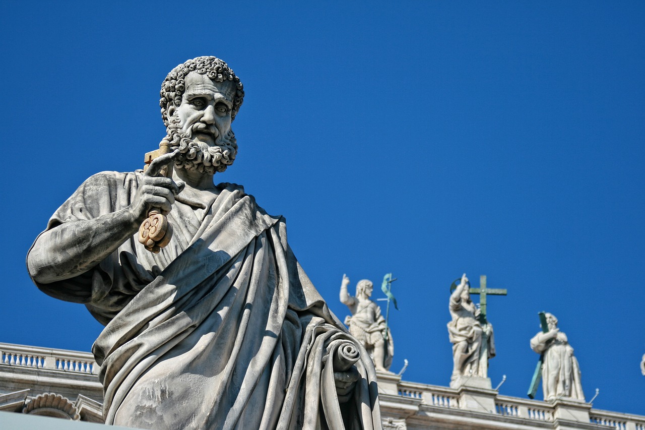 a statue of a man standing in front of a building, inspired by Cagnaccio di San Pietro, pexels, mannerism, portrait of aristotle, worship of the pope, scepter, trinity
