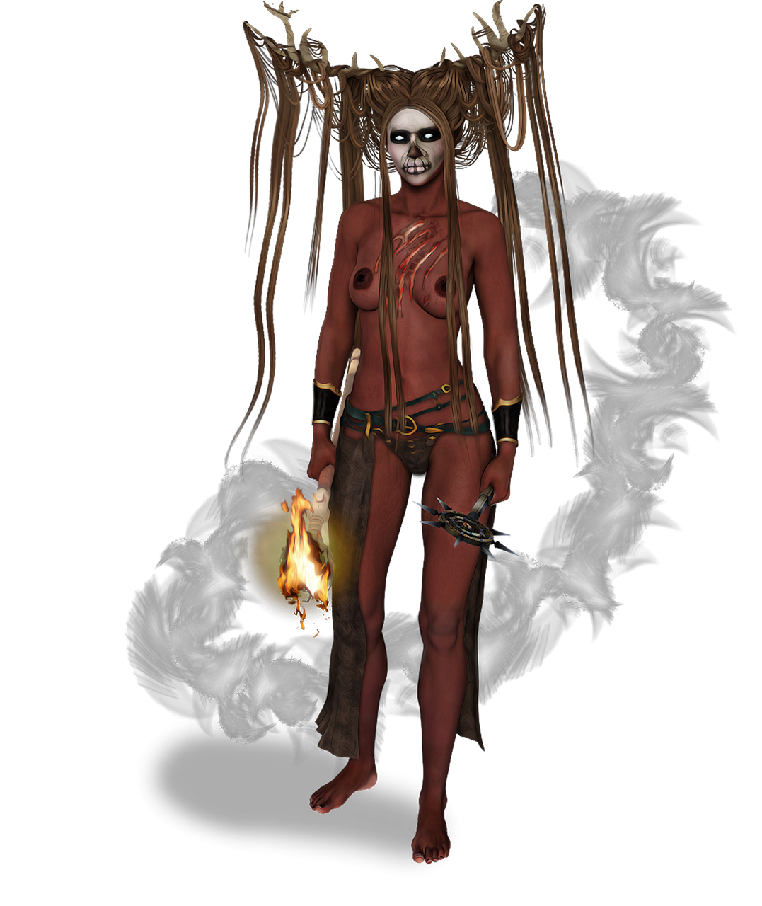 a woman that is standing in front of a fire, a digital rendering, inspired by Brom, vanitas, attractive pagan male deity, voodoo!!, second life avatar, mangeta smoke red light