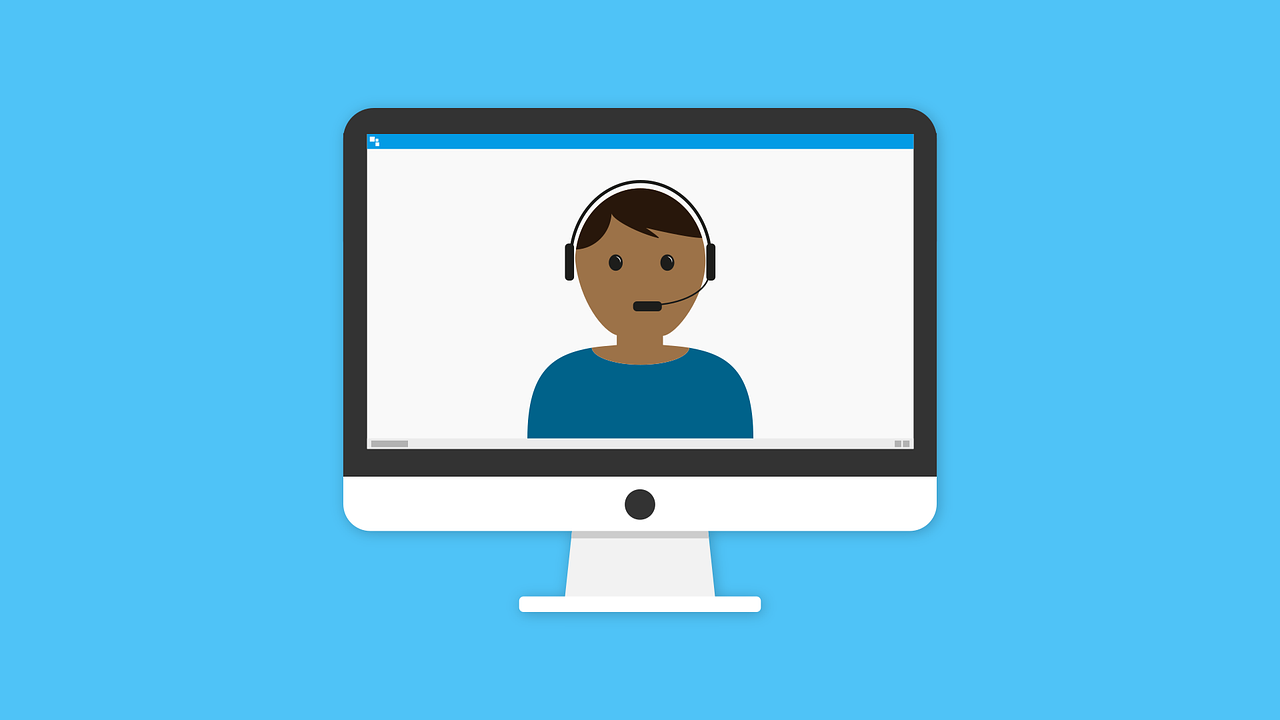 a computer screen with a person in a headset on it, a computer rendering, computer art, flat background, school class, with a blue background, wide screen format