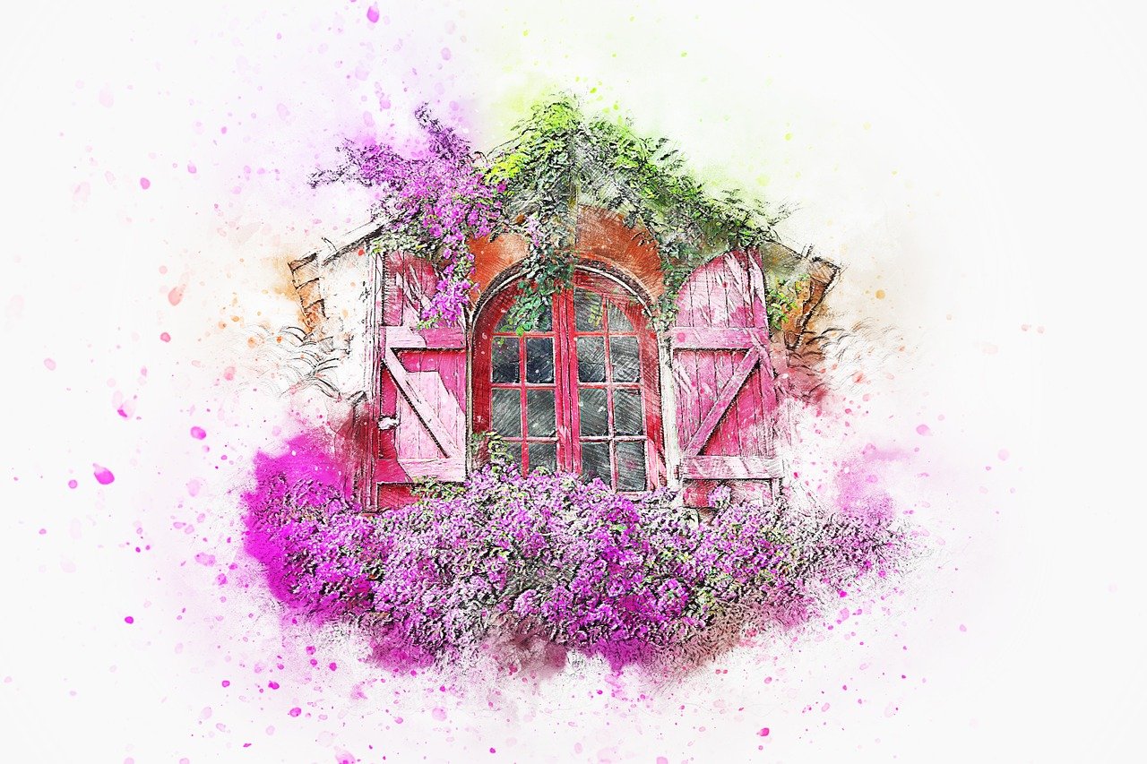a watercolor painting of a window and flowers, a watercolor painting, art photography, pink and red color style, wooden cottage, in stunning digital paint, penned with thin colors on white