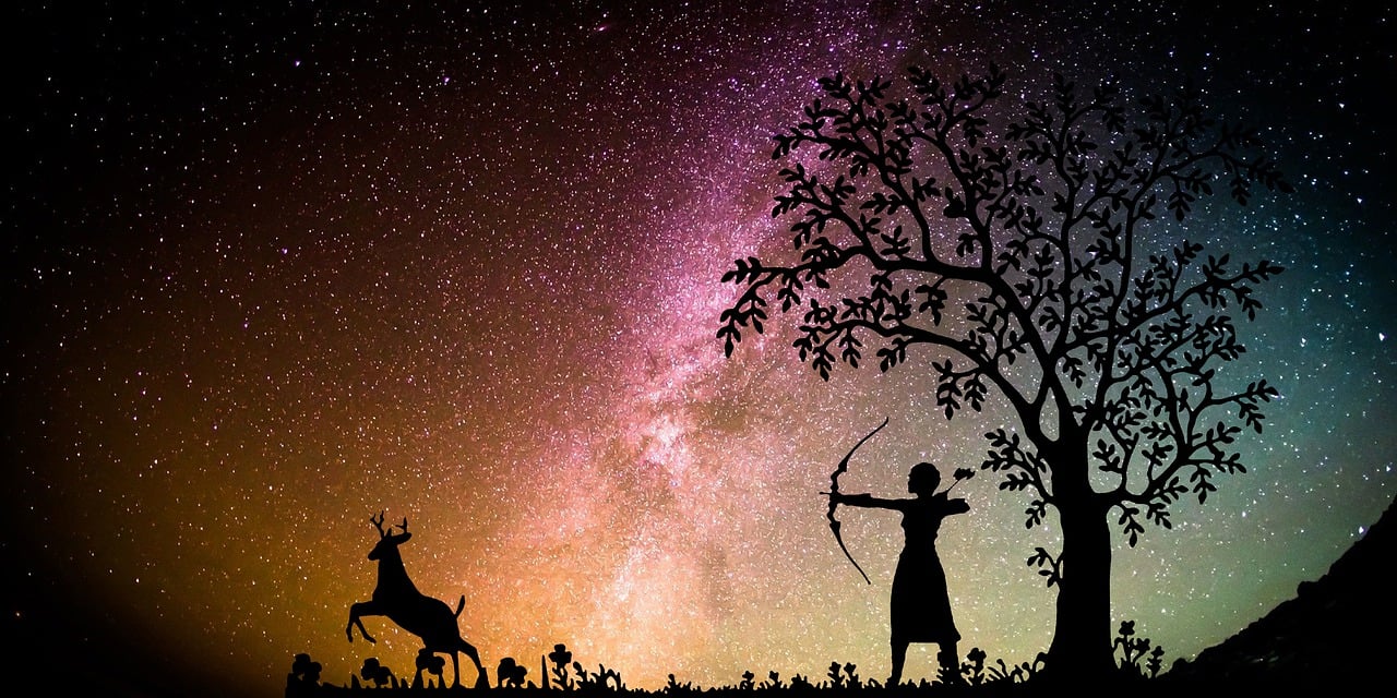 a silhouette of a woman shooting a bow at a deer, inspired by Aaron Douglas, pixabay contest winner, magical realism, the milky way in the sky, avatar image, instagram photo, background image