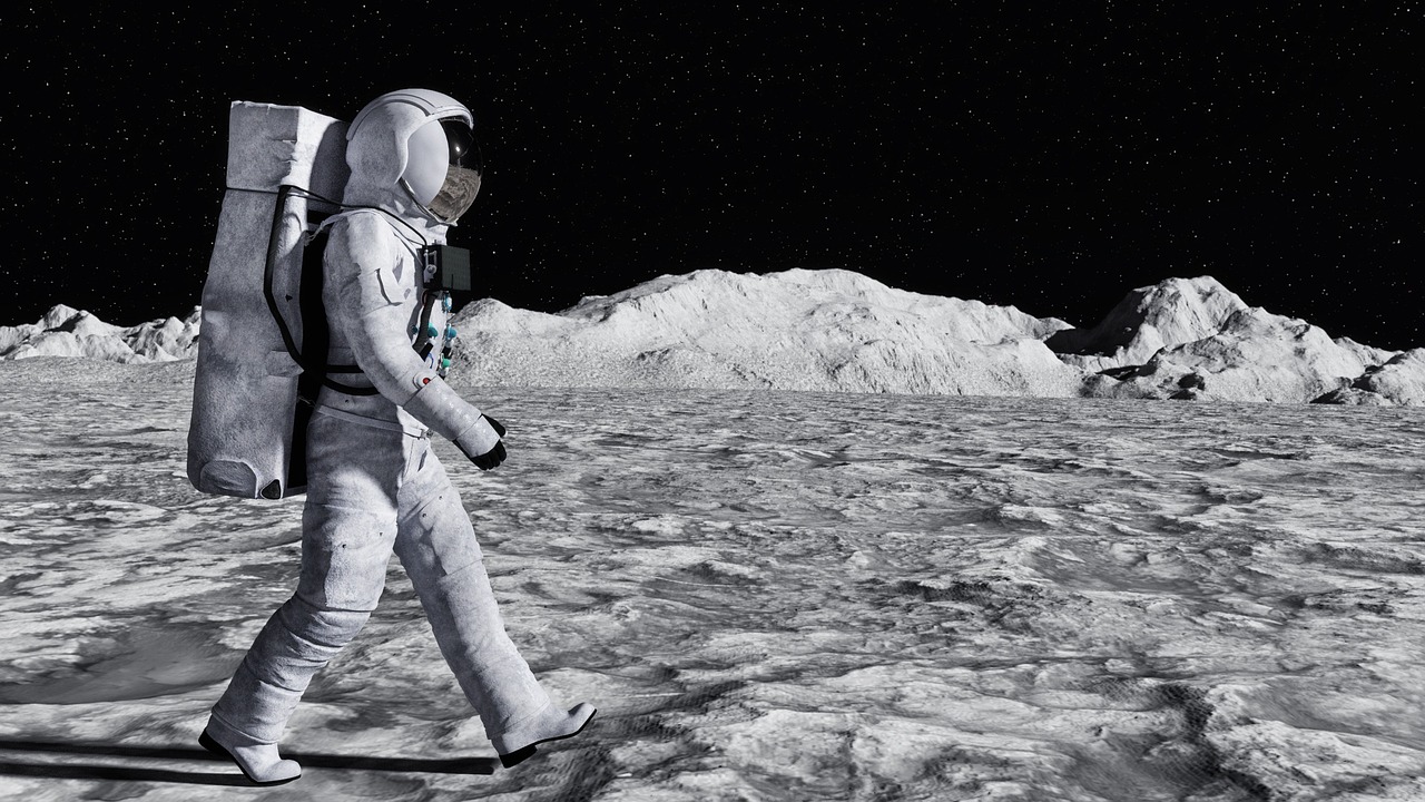 an astronaut walking on the surface of the moon, an ambient occlusion render, inspired by Alan Bean, trending on pixabay, high contrast hyperrealism 8k, walking on ice, videogame still, on an empty moonlit hill