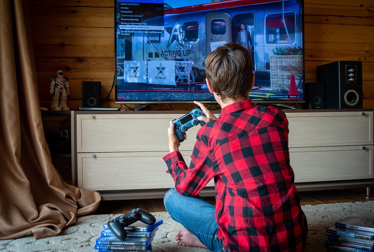 a person sitting on the floor playing a video game, a stock photo, by Adam Marczyński, shutterstock, fine art, wearing a red lumberjack shirt, gta in moscow, highly detailed 8k photo, blue rays from tv