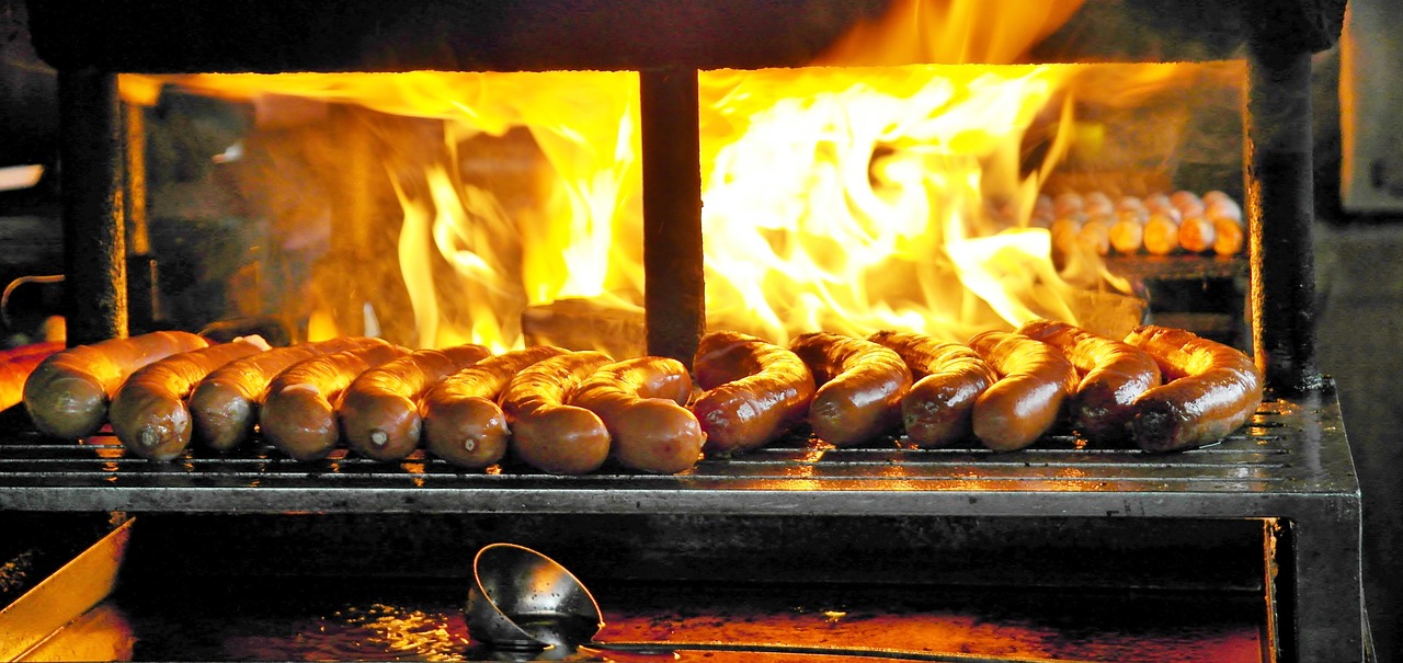 a bunch of hot dogs cooking on a grill, fine art, flames in the background, museum quality photo, sausage hair, portlet photo
