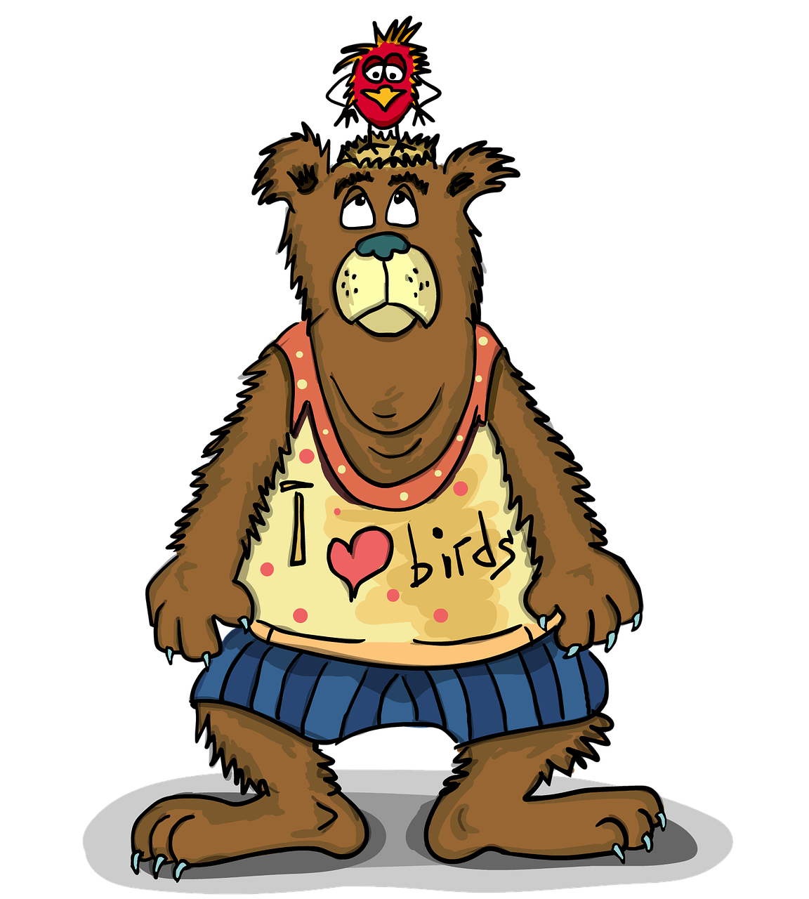 a cartoon bear wearing a shirt that says i love birds, an illustration of, by Jim Davis, flickr, !!! very coherent!!! vector art, on black background, wearing a tank top and shorts, cartoon style illustration