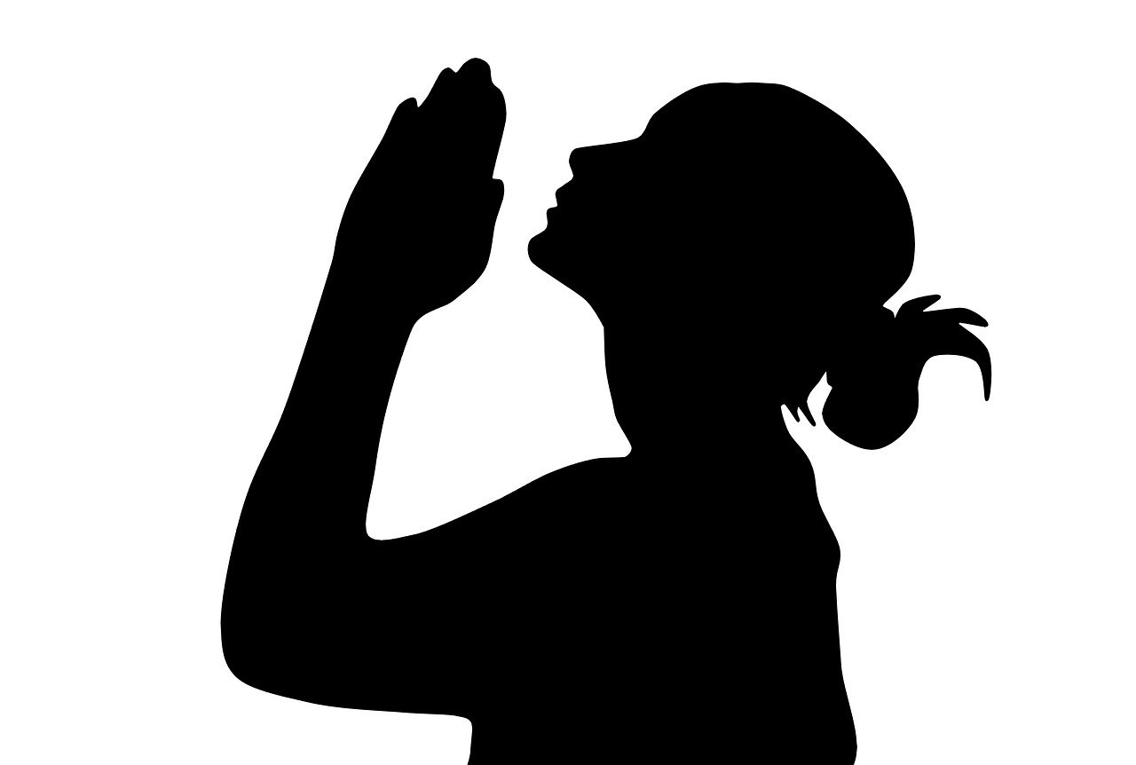 a black and white silhouette of a woman praying, a picture, pixabay, figuration libre, no gradients, saluting, eating, upward shot