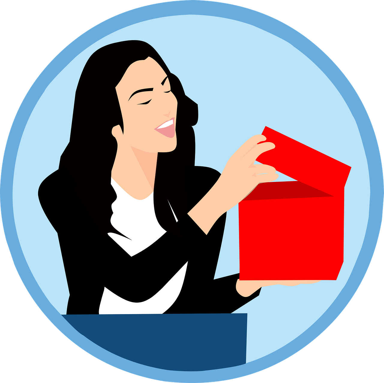 a woman opening a red gift box, an illustration of, by Tom Carapic, pixabay contest winner, pop art, woman in black business suit, woman with black hair, having a great time, with everything in its place