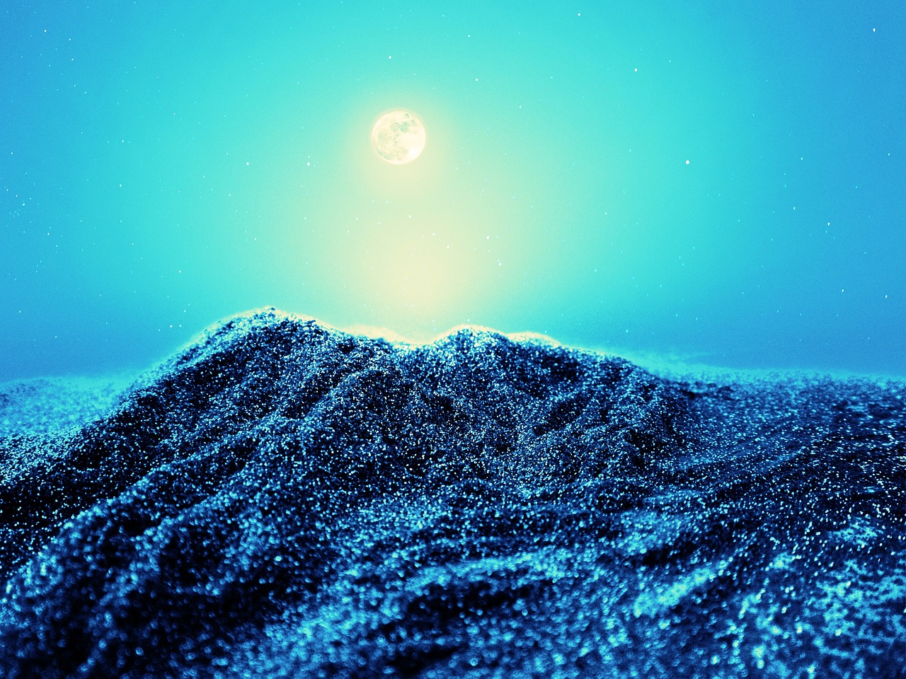 a snow covered mountain with a full moon in the sky, digital art, wave of water particles, blue bioluminescent plastics, full of sand and glitter, beautiful photo
