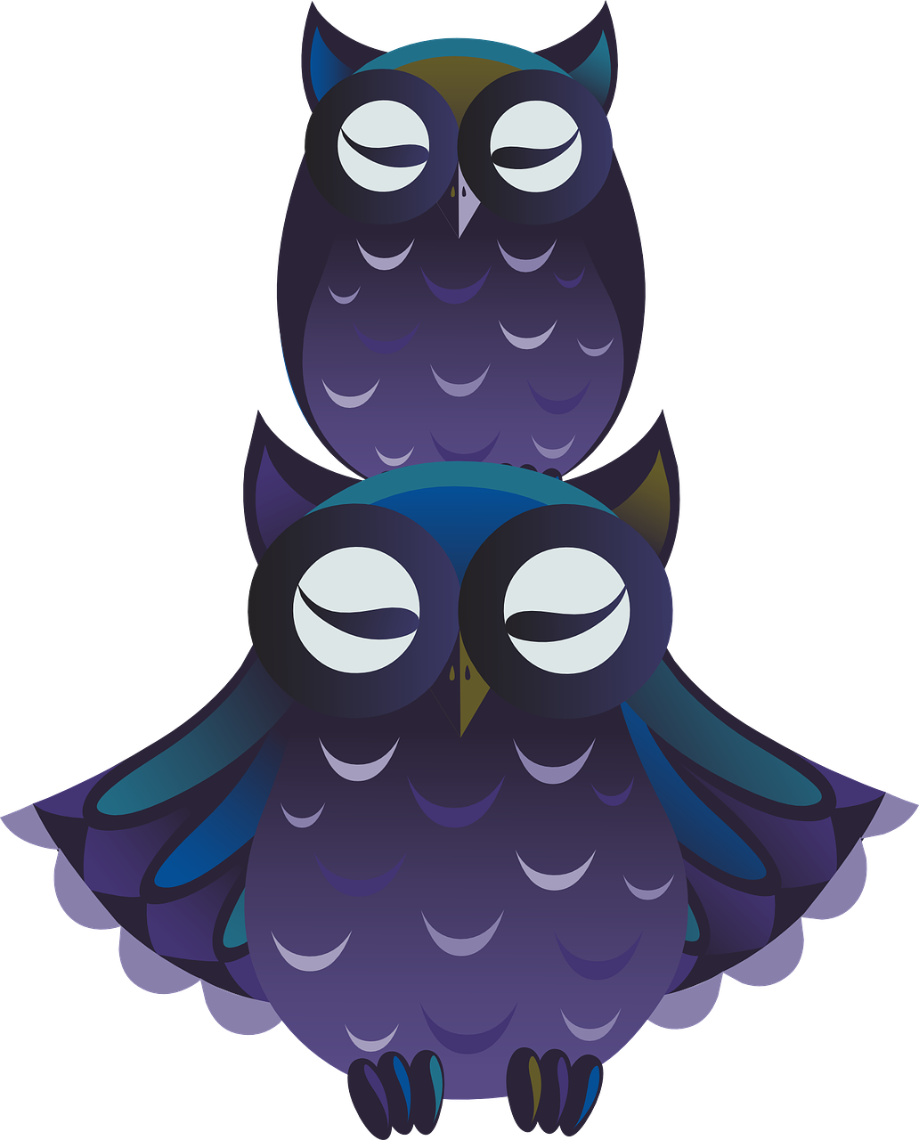 a couple of owls sitting on top of each other, vector art, by Nándor Katona, pixabay, sōsaku hanga, demon black blue purple, cell shaded adult animation, goddess of sleep, head and full body view