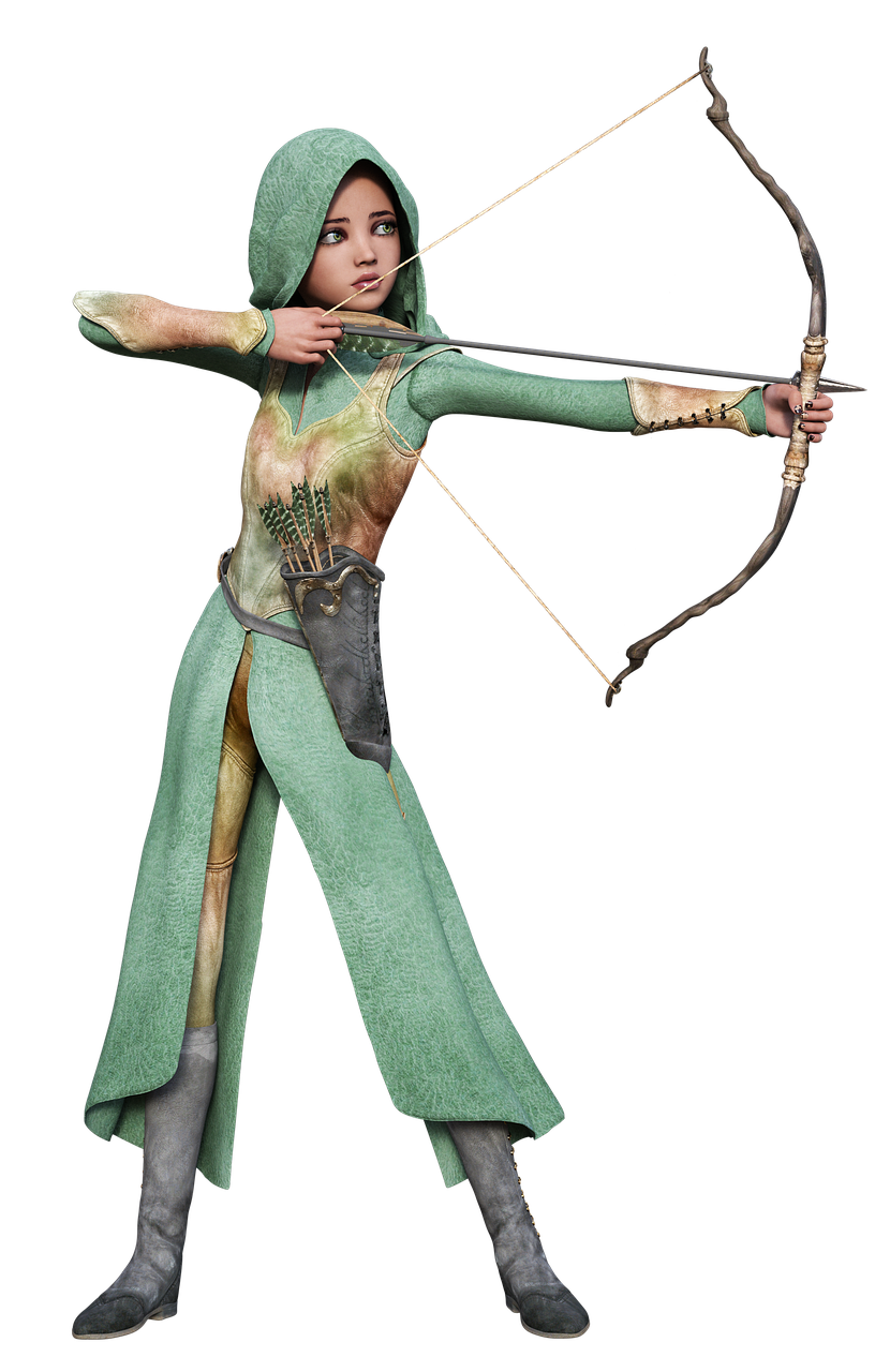 a woman dressed in green holding a bow and arrow, inspired by Yi Jaegwan, zbrush central contest winner, fullbody view, hand painted textures on model, a young woman as genghis khan, green hood