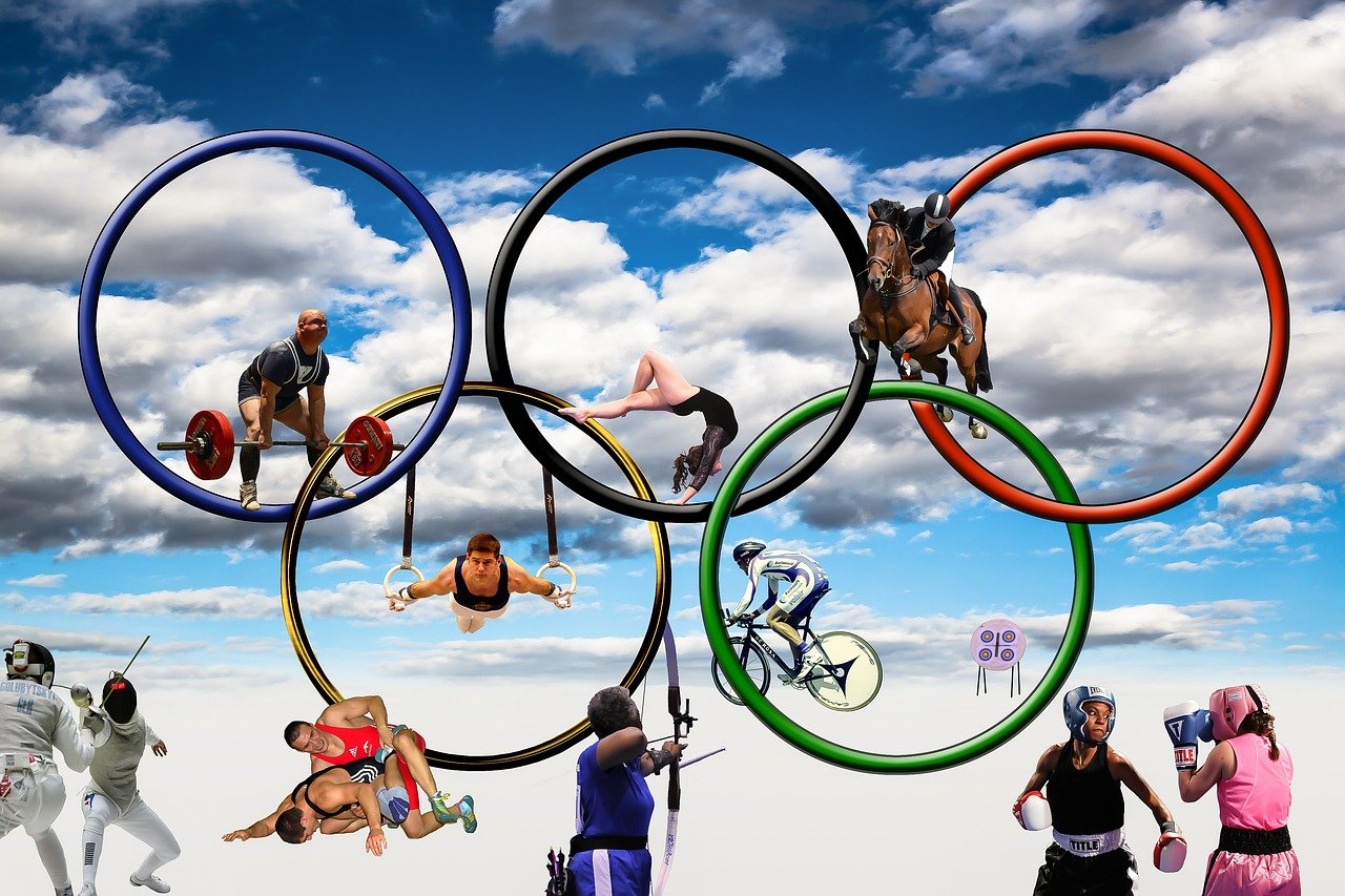 a group of people standing around a group of olympic rings, a stock photo, by Douglas Shuler, trending on pixabay, fantastic realism, riding in the sky, sprinters in a race, high quality fantasy stock photo, everything enclosed in a circle