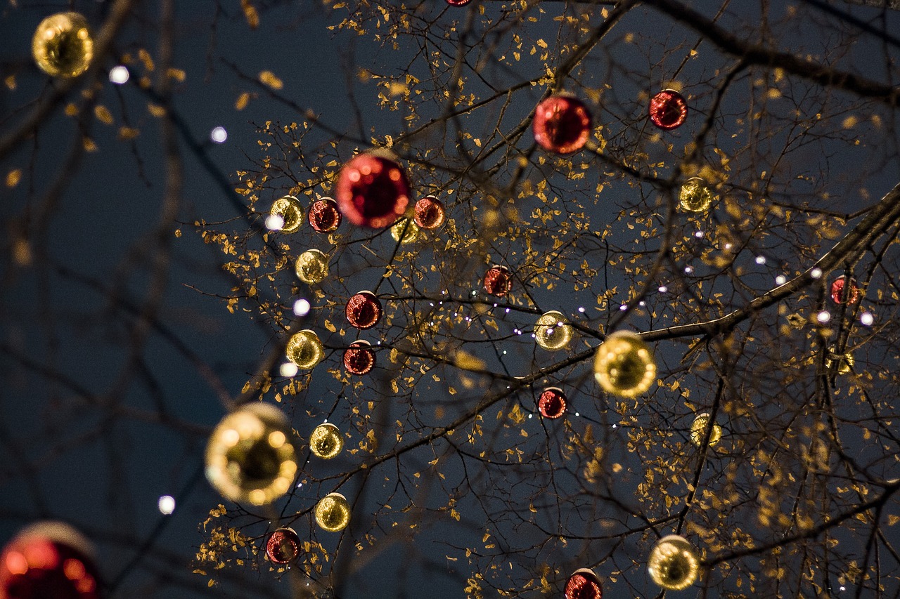 a bunch of red and gold ornaments hanging from a tree, a picture, by Slava Raškaj, pexels, digital art, gloomy lights in the sky, shot from a low angle, light circles, “berries