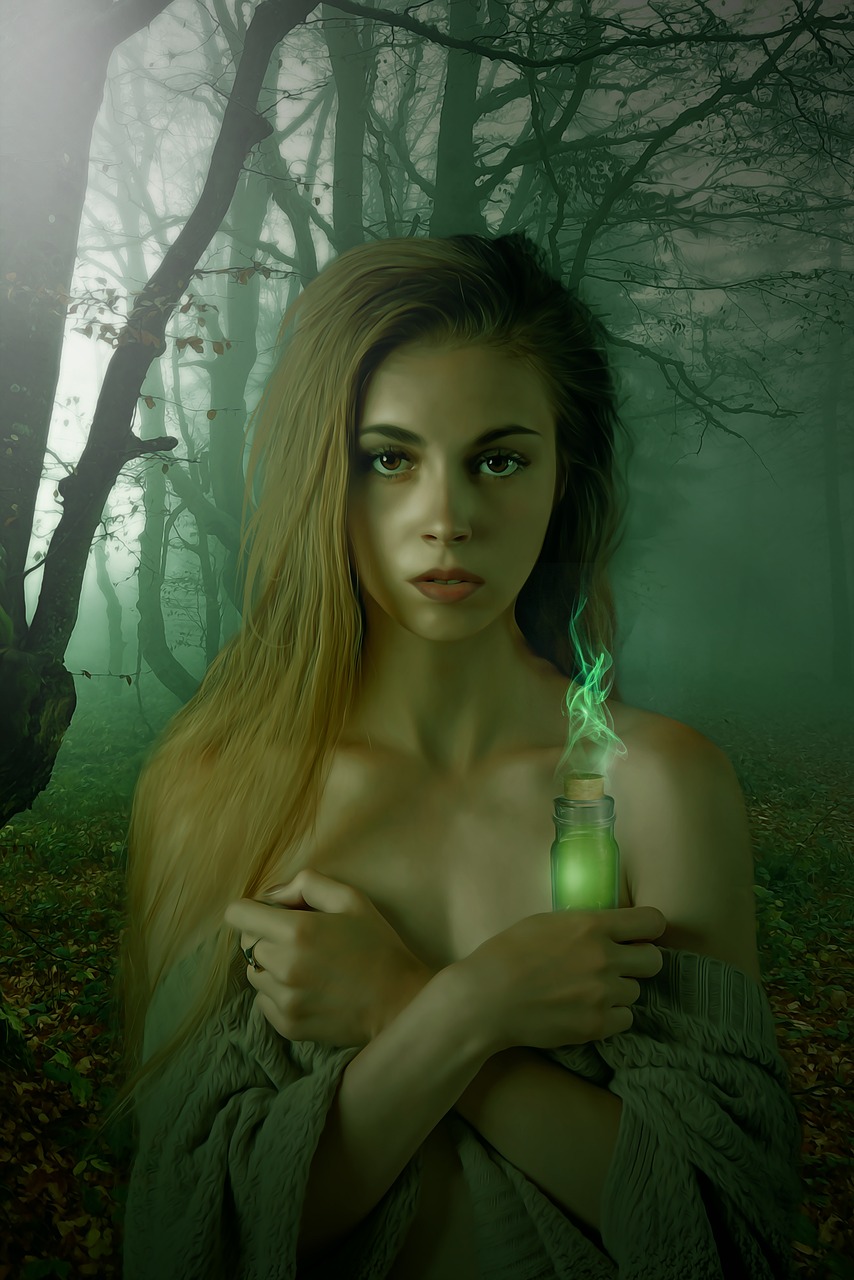 a woman holding a green bottle in a forest, digital art, inspired by Anne Stokes, green fog, manipulation, ethereal vaporous tan skin, retouched in photoshop